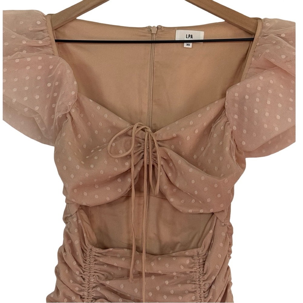 LPA Blush Pink Ruched Polka Dot Mini Dress XS Puff Sleeve Cutout Tie Front - Picture 3 of 6